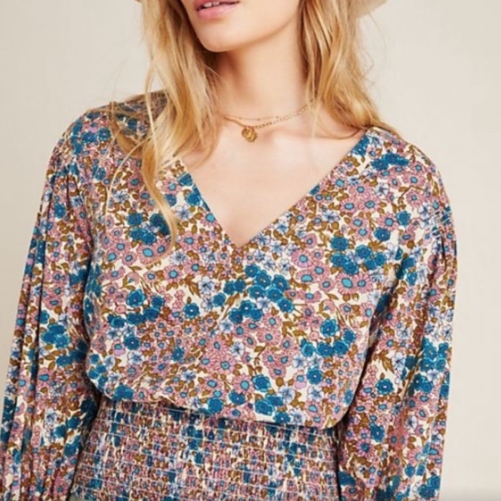 Anthropologie Maeve Odette Floral Shirred Blouse